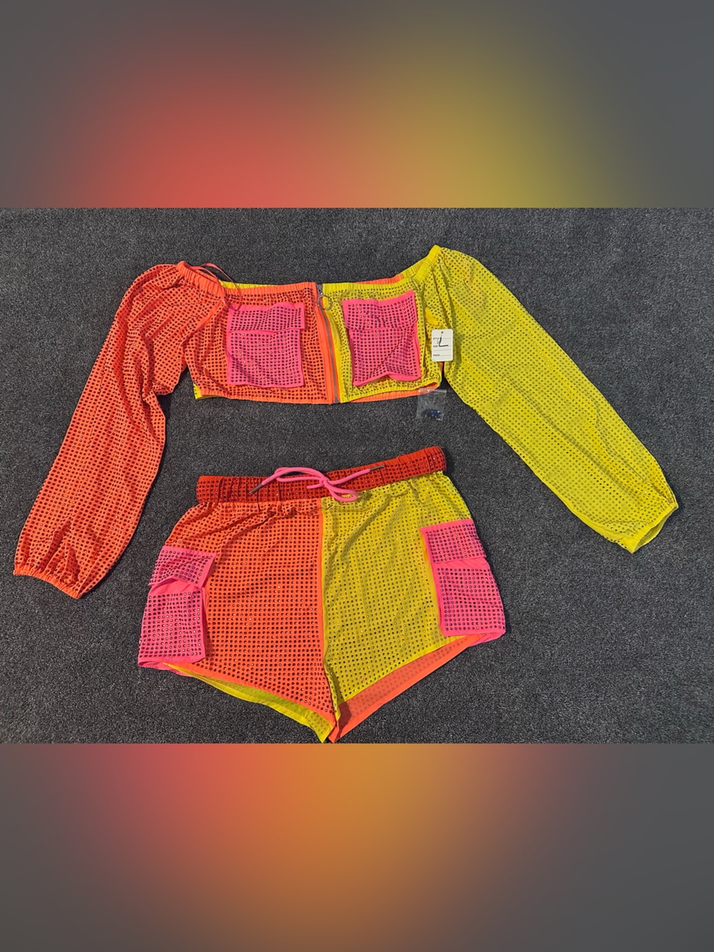 Women's Neon Embellished Rhinestone Two-Piece Set - Pink, Red Orange & Yellow